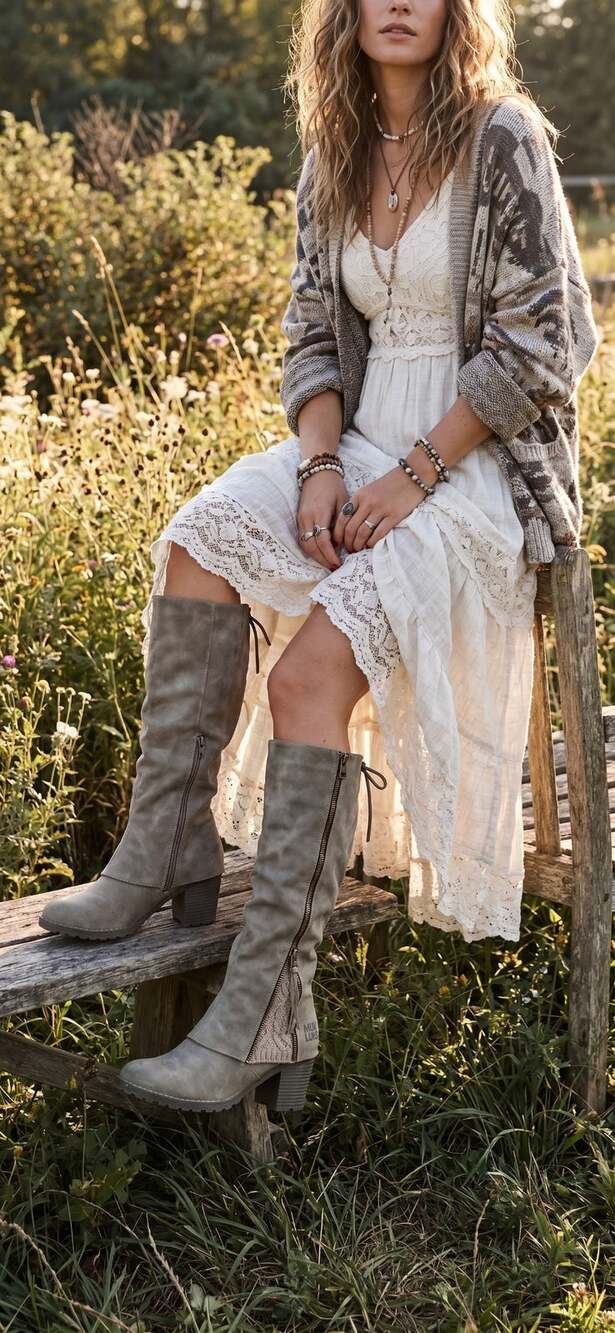 Boho chic Sassy Coastal cowgirl Muk Luks lacy boots high knee size 8 Taupe rodeo